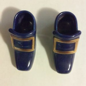 Vintage Very Old Ceramic Shoes 2 Match Blue Gold Copy Write On Back 1930s With